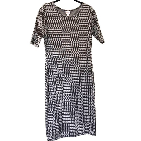 LuLaRoe Julia Dress Womens XS Black White Geometric Diamond Knit Midi Sheath - Picture 2 of 5
